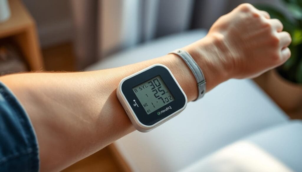 A well-lit close-up view of a person's arm with a digital blood pressure monitor strapped on, showing the device's display with clear readings of the systolic and diastolic blood pressure values. The background is a serene, calming environment, perhaps a doctor's office or a home setting, conveying a sense of health and wellness. The lighting is soft and natural, highlighting the details of the monitor and the person's skin. The overall mood is one of care, attention, and the importance of regular blood pressure monitoring for maintaining cardiovascular health.