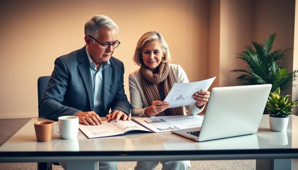 A well-lit, high-quality photograph of a mature couple in their 50s reviewing investment documents and charts on a sleek, modern desk. The couple appears engaged and thoughtful, with a sense of financial security and confidence. The desk is neatly organized, with a laptop, a cup of coffee, and a potted plant adding visual interest. The background is a warm, neutral-toned office space, with a large window providing natural lighting. The overall mood is one of deliberation, financial planning, and a sense of stability and prosperity.