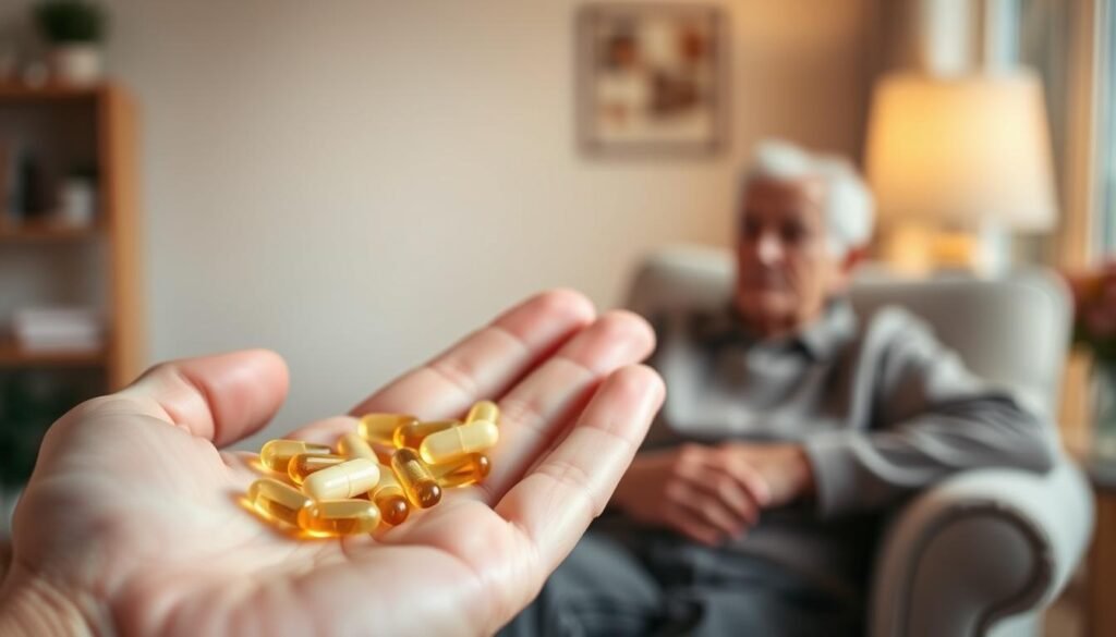 A well-lit, warm and inviting scene of an elderly person taking vitamin D supplements. In the foreground, an open palm holds a handful of vitamin D capsules against a blurred background. The middle ground features an elderly individual, sitting comfortably in a chair, with a thoughtful expression as they prepare to take the supplements. The background depicts a cozy, home-like environment, with soft lighting and gentle hues, conveying a sense of care and well-being. The overall mood is one of comfort, health, and the importance of vitamin D supplementation for the elderly.