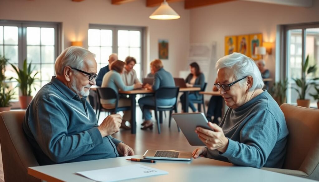 A well-lit, warm-toned interior scene showcasing digital inclusion for senior citizens. In the foreground, an elderly person sits comfortably at a desk, intently focused on a tablet device. The middle ground features a group of seniors gathered around a table, engaged in a lively technology workshop, guiding each other through the use of laptops. The background depicts a welcoming, modern community center with large windows, allowing natural light to flood the space. Subtle, cheerful accents like potted plants and vibrant artwork create a sense of inclusivity and learning. The overall atmosphere conveys a spirit of collaboration, empowerment, and the joyful exploration of digital technologies by the older generation.