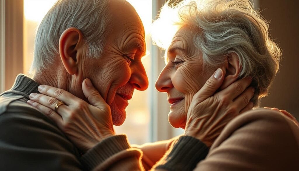 An elderly couple embracing, their weathered faces reflecting a lifetime of love and companionship. The warm, golden light of the setting sun filters through a window, casting a soft, romantic glow over the intimate scene. The man's hand tenderly caresses the woman's cheek, their eyes locked in a moment of profound connection, unencumbered by the passage of time. The background is softly blurred, allowing the viewer to focus solely on the couple's timeless affection. The overall atmosphere evokes a sense of comfort, security, and the enduring power of mature relationships. An elderly couple embracing, their weathered faces reflecting a lifetime of love and companionship. The warm, golden light of the setting sun filters through a window, casting a soft, romantic glow over the intimate scene. The man's hand tenderly caresses the woman's cheek, their eyes locked in a moment of profound connection, unencumbered by the passage of time. The background is softly blurred, allowing the viewer to focus solely on the couple's timeless affection. The overall atmosphere evokes a sense of comfort, security, and the enduring power of mature relationships.