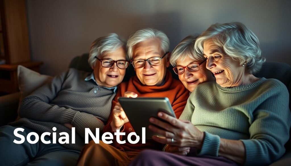 Elderly people using social media with enthusiasm, sitting together on a comfortable couch, their faces lit by the warm glow of a tablet screen. The living room setting is cozy, with soft lighting and natural textures like wood and fabric. They appear engaged, their expressions curious and attentive, symbolizing the power of technology to connect generations. A sense of community and shared experience permeates the scene, reflecting the section's focus on social networks and communication.