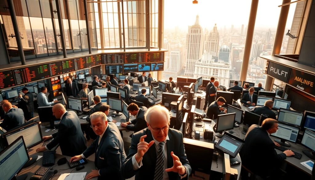 A bustling stock market trading floor, with rows of traders intently focused on their computer screens. Bright lighting filters in through towering windows, casting a warm glow over the scene. In the foreground, a group of seasoned brokers negotiate deals, their hands gesturing animatedly. The middle ground is a maze of desks, telephones, and electronic tickers, all part of the frenetic energy of the Mercado de Ações. In the background, the cityscape of a vibrant financial district stretches out, a testament to the importance of this marketplace. The overall atmosphere conveys the high-stakes, fast-paced nature of the stock exchange, where fortunes are made and lost in the blink of an eye.