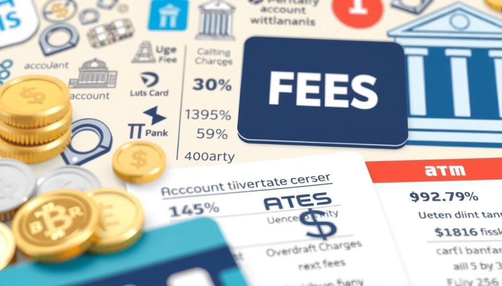 A close-up view of various banking fees and charges, depicted as a detailed, realistic illustration. In the foreground, prominent banking icons and symbols such as coins, credit cards, and bank logos are prominently displayed, conveying the concept of financial transactions and fees. The middle ground features a collection of numerical values, percentages, and text labels, clearly outlining the different types of fees, including account maintenance fees, overdraft charges, and ATM withdrawal fees. The background is a neutral, muted tone, allowing the key financial elements to stand out and command the viewer's attention. The overall composition is clean, well-balanced, and designed to provide a clear, informative visual representation of the subject matter.