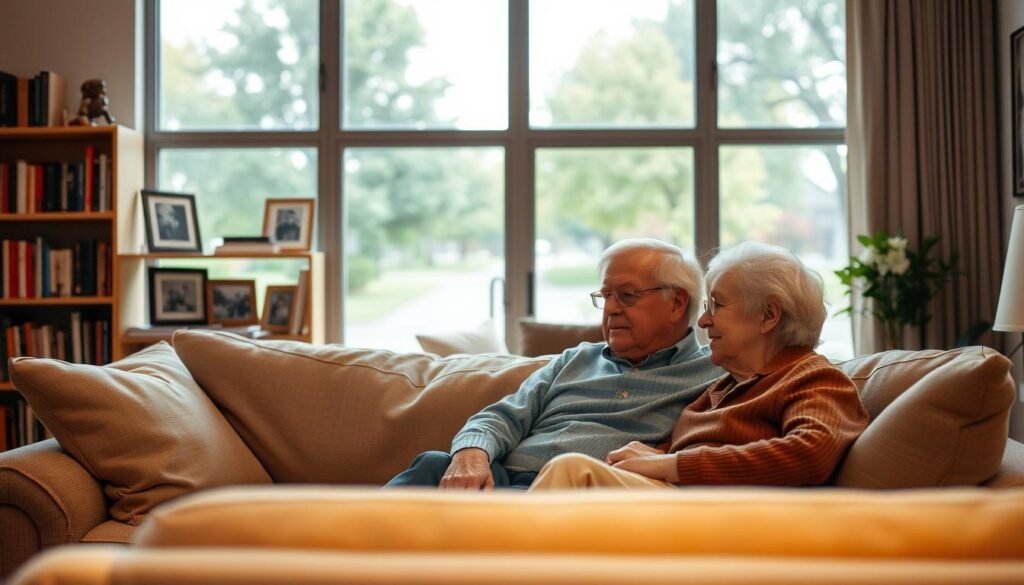 A cozy living room setting, bathed in warm, soft lighting. In the foreground, an elderly couple sits comfortably on a plush sofa, deep in conversation. Their faces exude a sense of tranquility and contentment. In the middle ground, a bookshelf filled with well-worn volumes and framed family photos creates a personalized, lived-in atmosphere. The background features a large window overlooking a peaceful, tree-lined street, hinting at the serene, suburban setting. The overall mood is one of relaxation and financial security, conveying the impact of new tariffs on the lives of retired individuals.