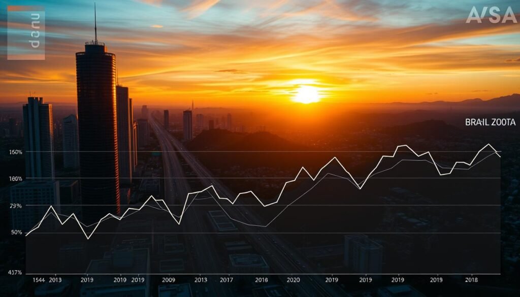 A detailed, data-driven visualization of Brazil's unemployment figures, captured through a cinematic lens. In the foreground, a cityscape of towering skyscrapers and bustling streets, representing the economic heart of the nation. In the middle ground, a series of line graphs and charts, meticulously designed to convey the nuances of unemployment trends over time. The background features a broader landscape, with rolling hills and a vibrant, sunset-drenched sky, evoking a sense of both progress and challenge. The lighting is warm and inviting, with a soft focus that draws the viewer's attention to the data-driven elements. The overall composition strikes a balance between the urban and the natural, reflecting the complex interplay of factors that shape Brazil's employment landscape.