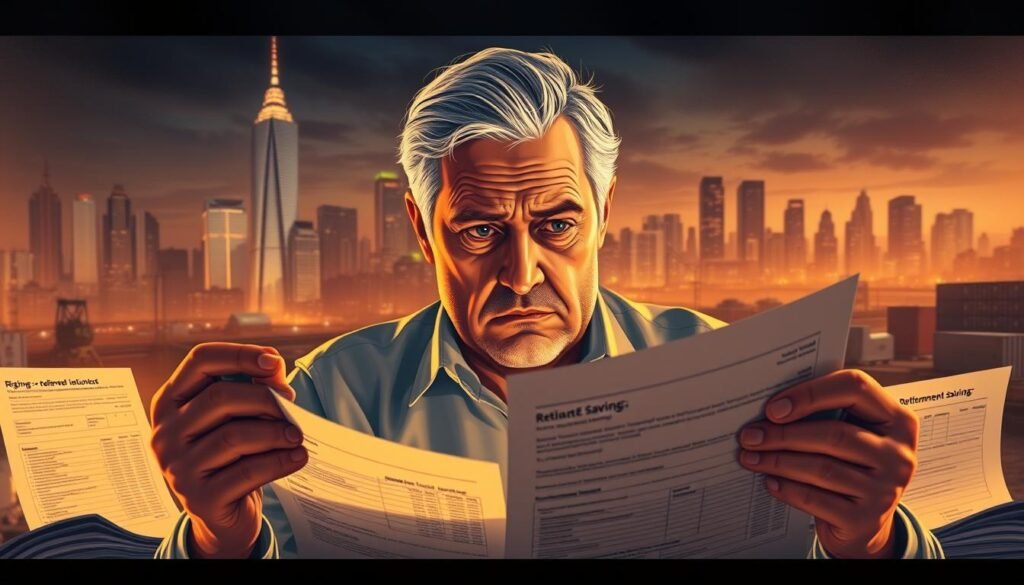 A detailed illustration of the impact of tariffs on retirement savings, depicting a middle-aged person anxiously examining financial documents amidst a backdrop of rising costs and diminishing retirement funds. The scene is illuminated by warm, directional lighting, creating a sense of both urgency and contemplation. The foreground features the person's furrowed brow and concerned expression, while the midground showcases various financial statements and a retirement savings calculator. The background subtly hints at the larger economic forces, such as a cityscape with towering skyscrapers and a looming sense of uncertainty. The overall mood conveys the growing unease and potential long-term consequences of tariffs on individuals' retirement planning.