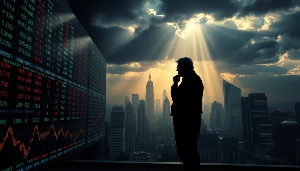 A dynamic stock market landscape, with fluctuating stock tickers and graphs in the foreground, casting a sense of volatility and uncertainty. In the middle ground, a shadowy figure of an elderly investor thoughtfully contemplating their financial decisions, set against a backdrop of a bustling cityscape, representing the ever-changing economic environment. The lighting is dramatic, with rays of light piercing through clouds, adding a sense of foreboding and the need for prudent planning. The overall atmosphere conveys the challenges faced by senior investors in navigating the current economic climate, emphasizing the importance of understanding the dynamics of the market.