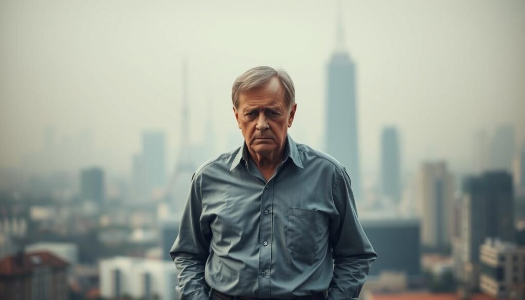 A middle-aged professional man, his face etched with worry, stands alone against a blurred cityscape, symbolizing the challenges faced by those over 50 struggling with unemployment. Soft, diffused lighting casts a pensive mood, while a muted color palette reflects the somber realities of this demographic. The man's posture is slumped, hands in pockets, conveying a sense of uncertainty and despair. In the background, a hazy urban landscape serves as a metaphor for the foggy future that many older workers confront. This image aims to capture the human experience of unemployment for experienced professionals in their later career stages.
