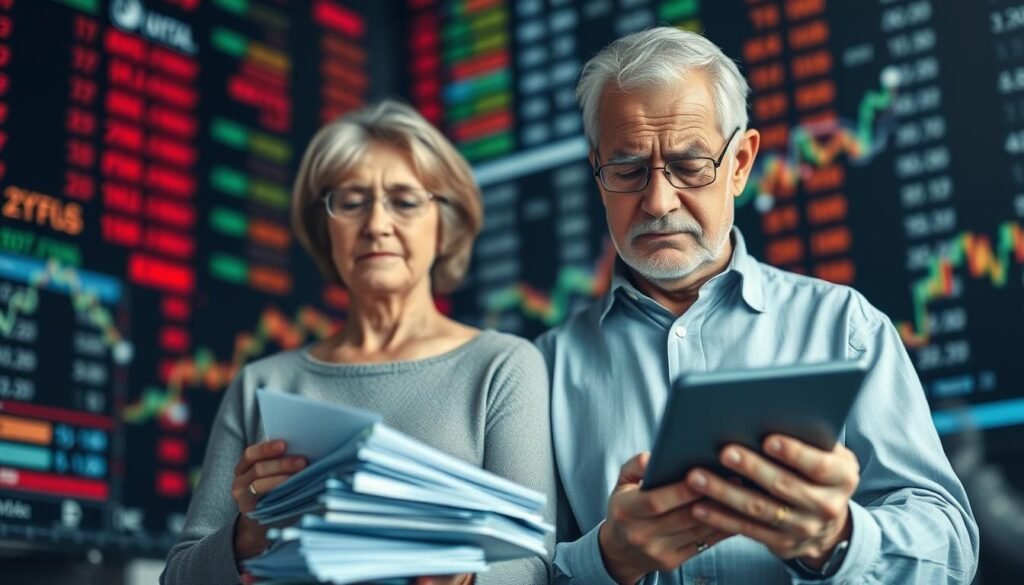 A tranquil senior couple standing amidst a chaotic stock market, their expressions reflecting the weight of financial uncertainty. The foreground showcases the couple, faces etched with concern, as they navigate stacks of financial documents and a tablet displaying volatile market charts. The middle ground features a blurred, turbulent backdrop of stock tickers and fluctuating graphs, symbolizing the challenges seniors face in protecting their savings. Soft, diffused lighting casts a sense of contemplation, while a subtle depth of field emphasizes the couple's isolation in the face of complex financial decisions.