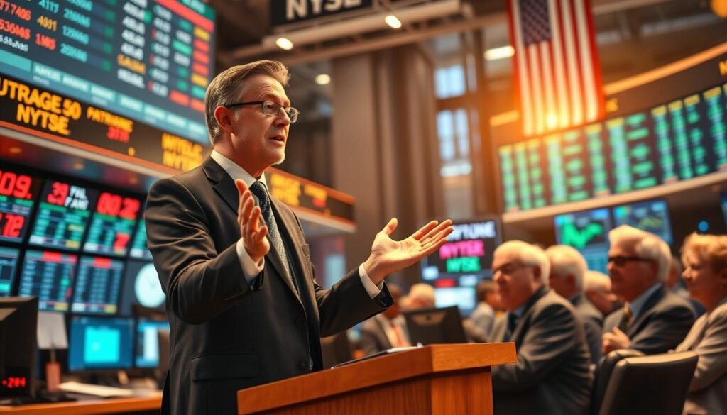 A vibrant stock exchange scene, with a central focus on a stockbroker in a well-tailored suit, standing at a podium and gesturing animatedly as they guide a group of older investors through the process of buying and selling shares. The background is a bustling trading floor, filled with ticker displays, computer monitors, and a sense of energy and excitement. Warm lighting casts a golden glow over the scene, highlighting the confidence and expertise of the stockbroker as they explain the advantages of investing in stocks for those aged 50 and above. The overall mood is one of empowerment, opportunity, and financial security.