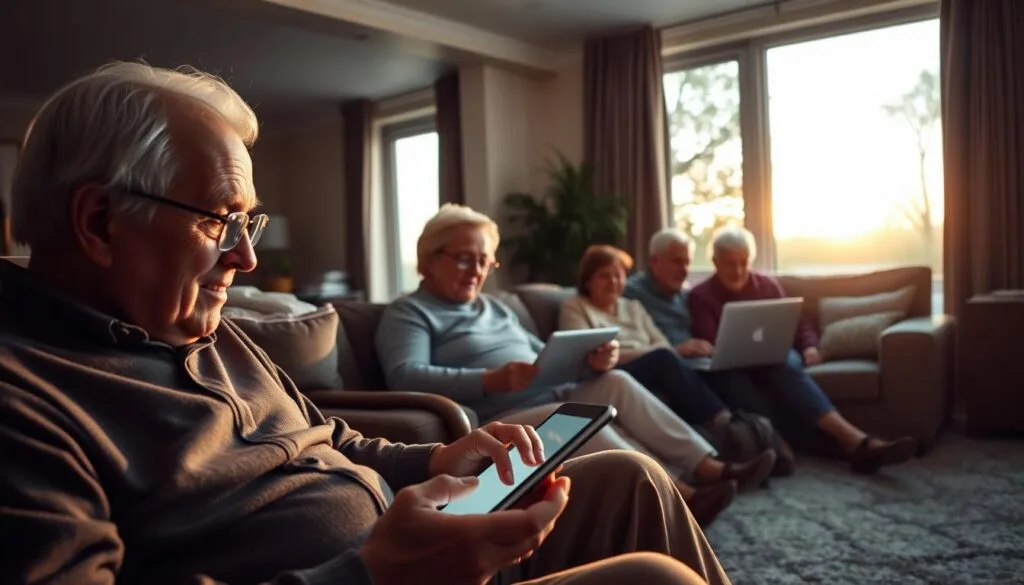 A cozy, well-lit living room featuring a group of elderly individuals engaged with various digital devices and technologies. The foreground shows an elderly man intently focused on a tablet, while an elderly woman sits nearby, navigating a smartphone. In the middle ground, a couple of seniors are collaborating on a laptop, discussing something intently. The background showcases a large window overlooking a serene outdoor scene, bathed in warm, natural light. The overall atmosphere conveys a sense of ease, discovery, and the empowering potential of technology in the lives of the senior community.
