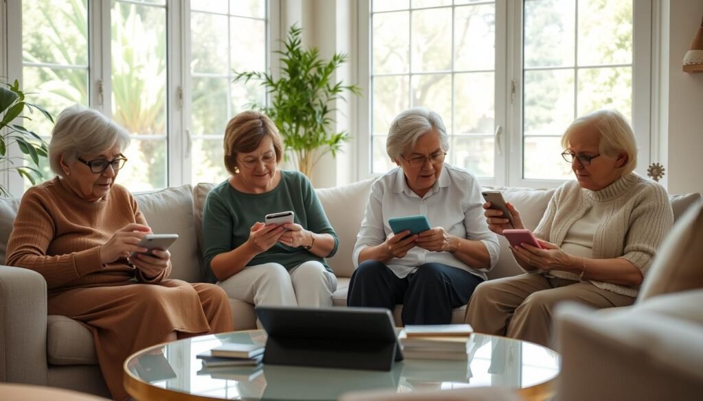 A cozy, well-lit living room with large windows overlooking a tranquil garden. In the foreground, a group of senior adults are intently focused on their mobile devices, navigating various apps with a sense of purpose and discovery. The middle ground features a coffee table with a selection of tablets and smartphones, suggesting the available technology. The background depicts a warm, inviting atmosphere with soft, natural lighting, calming pastel tones, and tasteful furniture that caters to the needs and preferences of the older demographic. The overall scene conveys a sense of empowerment, connectivity, and integration of technology into the daily lives of the 50+ age group.