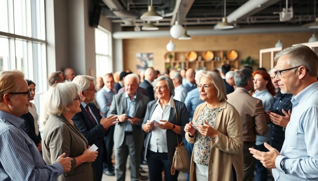 A lively and bustling senior job market, with experienced professionals networking and exchanging ideas in a vibrant, well-lit setting. In the foreground, mature adults converse animatedly, exchanging business cards and making connections. The middle ground showcases a diverse array of seasoned individuals engaged in deep discussions, gesturing emphatically. In the background, a modern, open-concept office space provides an inviting atmosphere, with natural light streaming through large windows. The overall scene conveys a sense of camaraderie, knowledge-sharing, and the value of experienced talent within the workforce.