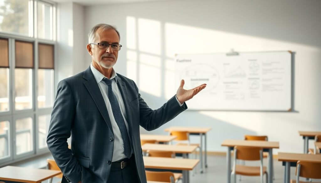 A mature man in a formal suit, confidently standing in a bright, modern classroom. Soft natural lighting filters through large windows, casting a warm glow on his face as he gestures toward a whiteboard filled with diagrams and bullet points. The room is spacious and minimalist, with simple wooden desks and chairs arranged in a semicircle, inviting engagement and collaboration. An atmosphere of learning and professional development pervades the scene, reflecting the notion of "capacitação profissional" - the ongoing pursuit of knowledge and skill-building to overcome obstacles in one's senior education journey.