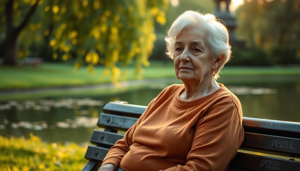 A peaceful senior woman sitting on a park bench, surrounded by lush greenery and a serene pond. The soft, warm lighting casts a gentle glow, creating an atmosphere of tranquility and introspection. Her gaze is pensive, yet there is a subtle sense of resilience and acceptance in her expression, as she navigates the journey of overcoming grief and loneliness in her golden years. The scene conveys a sense of solace and the gradual healing process, with the natural setting serving as a calming backdrop for her inner reflection.