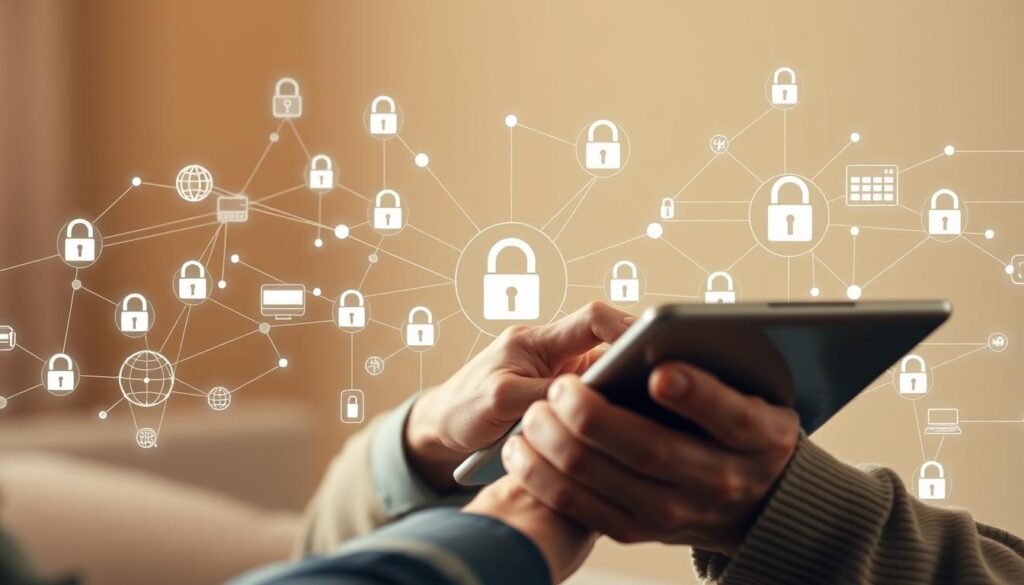 A senior citizen carefully navigating a digital landscape, protected by a secure and intuitive interface. In the foreground, their hands gracefully interact with a tablet, while the middle ground showcases a network of interconnected devices and data flows, all secured by robust encryption and access controls. The background features a serene, calming atmosphere, conveying a sense of confidence and empowerment as the elder confidently engages with the digital world. Warm, diffused lighting and a soft, muted color palette create an approachable and reassuring ambiance, reflecting the user-friendly nature of the digital security solutions designed for this age group.