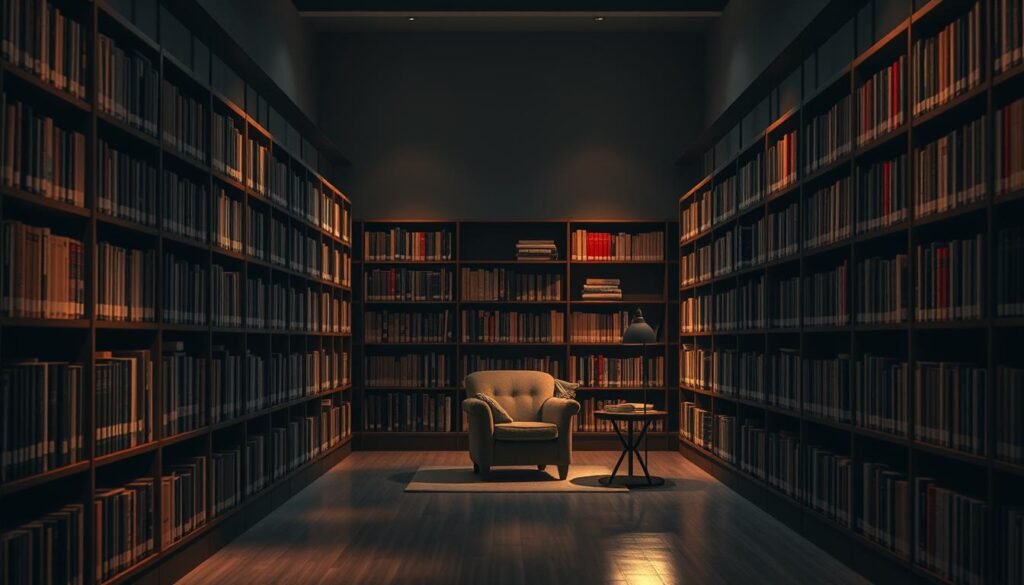 A serene library, dimly lit by warm, soft lighting. Rows of bookshelves line the walls, filled with tomes of knowledge. In the center, a cozy reading nook with a comfortable chair and a side table, inviting lifelong learners to curl up and delve into the resources available for continuous education. The atmosphere is one of contemplation and intellectual growth, capturing the essence of "Educação Contínua" - the importance of learning throughout one's senior years.