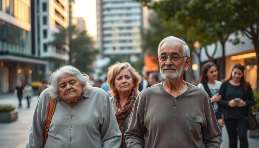 A serene senior couple strolling through a vibrant city center, their presence and wisdom radiating a profound influence on the bustling modern landscape. The foreground captures their thoughtful expressions and dignified posture, conveying a sense of quiet contemplation. In the middle ground, youthful passersby pause to engage with the elders, their interactions brimming with mutual respect and exchange of knowledge. The background depicts a harmonious blend of contemporary architecture, lush greenery, and the warm glow of sunset, symbolizing the seamless integration of the senior generation's timeless values within the dynamic modern society. Soft, natural lighting accentuates the scene, creating an atmosphere of reverence and tranquility.
