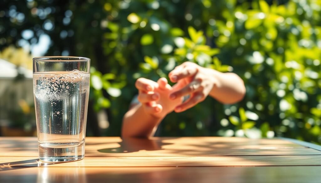A serene, sun-dappled scene depicting the importance of hydration for health and longevity in mature individuals. In the foreground, a glass of clear, sparkling water sits on a wooden table, reflecting the light. In the middle ground, a mature adult's hands gently hold the glass, conveying a sense of care and intention. The background features lush, verdant foliage, suggesting a tranquil, natural setting. The lighting is soft and warm, creating a peaceful, inviting atmosphere. The image evokes the idea of hydration as a key pillar of well-being and longevity, particularly for those who have reached their 50s and beyond.