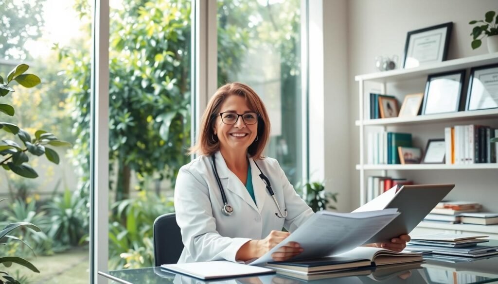 A serene, well-lit doctor's office with a large window overlooking a lush, verdant garden. In the foreground, a cheerful, middle-aged woman in a white lab coat sits at her desk, reviewing medical charts and documents. Behind her, shelves lined with medical reference books and framed certificates adorn the walls. The lighting is soft and natural, casting a warm, inviting glow throughout the space. The overall atmosphere conveys a sense of preventive healthcare, wellness, and a focus on proactive, holistic approaches to health and well-being.