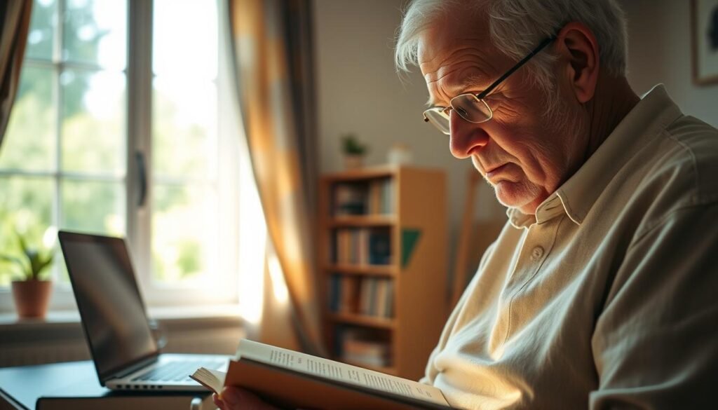 A serene, well-lit scene depicting a lifelong learning journey. In the foreground, an older adult immersed in a book, their face illuminated by a warm, natural light. In the middle ground, a laptop and a cup of coffee, symbolizing the embrace of technology and continuous self-improvement. In the background, a bookshelf and a window overlooking a lush, green landscape, hinting at the boundless possibilities of knowledge and growth. The atmosphere is contemplative, with a sense of focus and tranquility, conveying the importance of maintaining an active and engaged mind throughout the aging process.