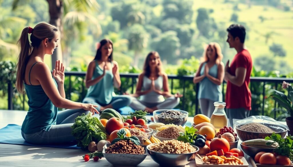 A serene, well-lit scene depicting the prevention of chronic diseases. In the foreground, a group of people engaged in various healthy activities such as yoga, meditation, and light exercise. In the middle ground, a table laden with fresh produce, whole grains, and other nutritious foods. In the background, a lush, verdant landscape with a calming, natural ambiance. The lighting is soft and diffused, creating a sense of tranquility. The overall mood is one of balance, wellness, and a holistic approach to disease prevention through lifestyle choices. The composition is harmonious, emphasizing the interconnectedness of mind, body, and environment.