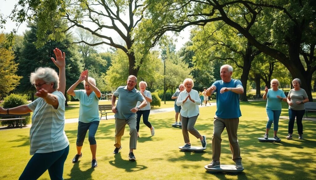 A sunny, outdoor scene of a group of active seniors engaged in various low-impact exercises and fitness activities. In the foreground, elderly men and women perform gentle stretches, tai chi movements, and light resistance training with resistance bands. In the middle ground, others walk briskly or practice balance exercises on wobble boards. In the background, a lush, verdant park setting with trees, pathways, and benches where seniors can rest and socialize. The lighting is soft and diffuse, creating a serene, inviting atmosphere. The camera angle is slightly elevated, giving an inclusive view of the diverse activities. The overall mood is one of health, vitality, and a joyful approach to aging.