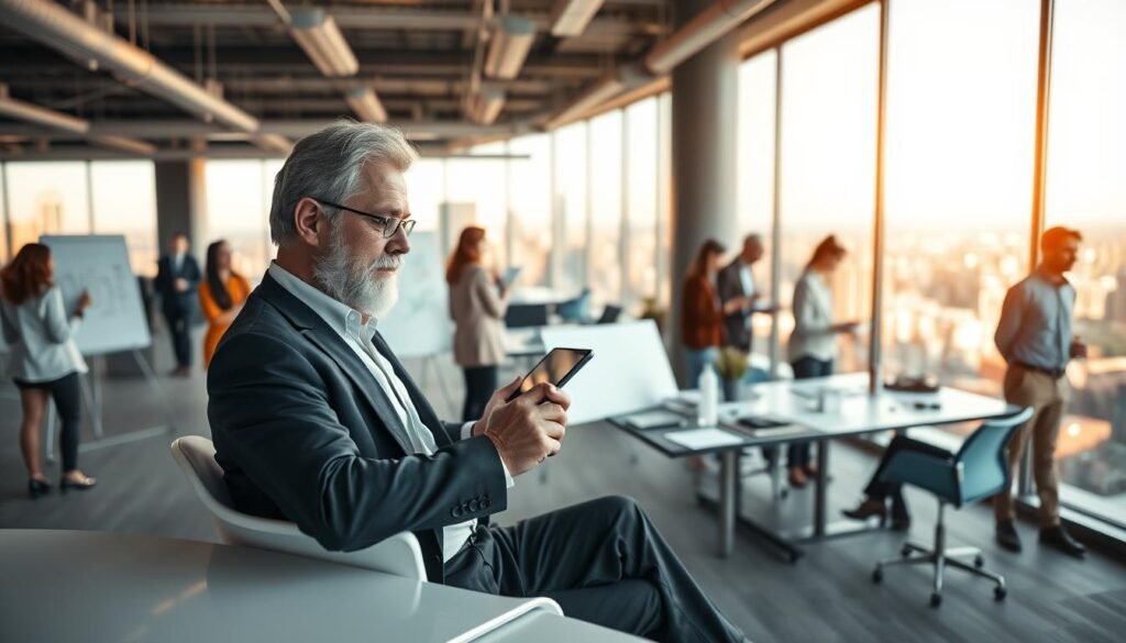 A vibrant scene depicting entrepreneurship for senior professionals. In the foreground, a confident, grey-haired businessperson sits at a sleek, minimalist desk, intently studying a tablet. Surrounding them, the middle ground shows a modern, open-plan office space filled with collaborating teams, sharing ideas and sketching on whiteboards. The background reveals a panoramic cityscape through floor-to-ceiling windows, bathed in warm, golden light, symbolizing the vast potential and opportunities awaiting experienced professionals. The overall mood is one of energy, innovation, and the empowerment of a seasoned workforce. Captured with a wide-angle lens, the composition emphasizes the collaborative, dynamic nature of this entrepreneurial environment.