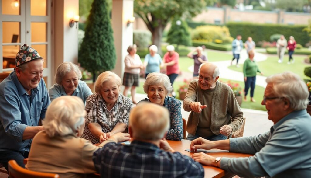 A vibrant scene of active and engaged senior citizens participating in a variety of enjoyable activities. In the foreground, a group of elderly people gathered around a table, playing a lively game of cards or board games, their faces alight with joy and camaraderie. In the middle ground, a class of seniors engaged in a gentle exercise routine, guided by a caring instructor. In the background, a serene outdoor setting with a well-maintained garden, where other seniors stroll along peaceful pathways, enjoying the fresh air and natural surroundings. Warm, soft lighting illuminates the scene, creating a sense of comfort and contentment. The overall atmosphere conveys the fulfillment, social interaction, and physical wellness that can be found in the diverse experiences and opportunities available to the senior community.