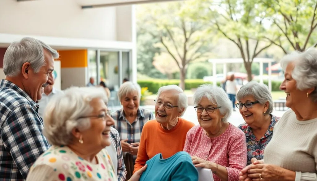 A warm and inviting scene depicting the social inclusion of senior citizens. In the foreground, a group of elderly people engaged in lively conversation and shared activities, their faces filled with joy and a sense of community. The middle ground showcases a well-equipped community center, with modern facilities and colorful decor designed to cater to the needs and interests of the senior population. In the background, a serene park setting with lush greenery and a picturesque outdoor seating area, where seniors can enjoy the fresh air and natural surroundings. Soft, diffused lighting creates a welcoming atmosphere, and the overall composition conveys a sense of inclusivity, empowerment, and the vibrant social life of the elderly in today's society.