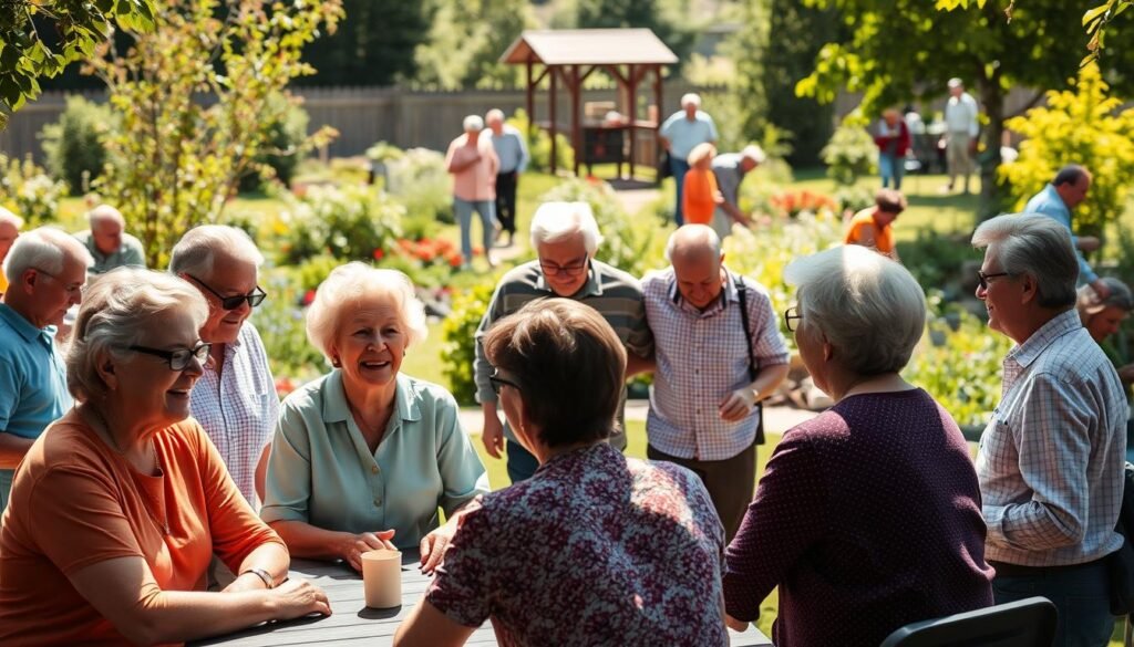 A warm, sun-dappled scene of a diverse group of older adults engaged in lively social interactions. In the foreground, friends gathered around a table, deep in conversation, their expressions animated and their body language open. In the middle ground, a pair strolling leisurely, arms linked, exchanging stories. In the background, a vibrant community garden, where other individuals tend to plants and share gardening tips. The atmosphere is one of connection, belonging, and a sense of shared experience, conveying the richness and importance of social relationships in the 50+ lifestyle.
