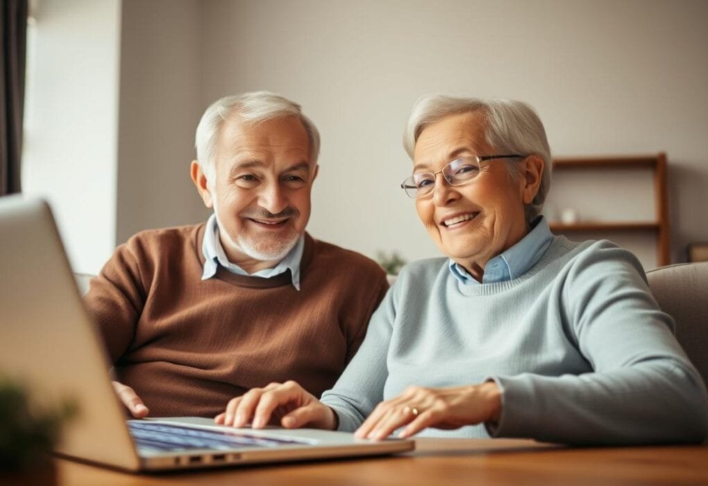An elderly couple video chatting on a laptop, their faces lit by the screen's soft glow. The man and woman, in their 60s, smile warmly as they converse, their body language relaxed and engaged. The background is blurred, with muted colors suggesting a cozy, domestic setting. Natural light filters in, casting a gentle, ambient illumination. The scene conveys a sense of genuine connection and companionship, reflecting the opportunities and challenges of online relationships in the senior years.
