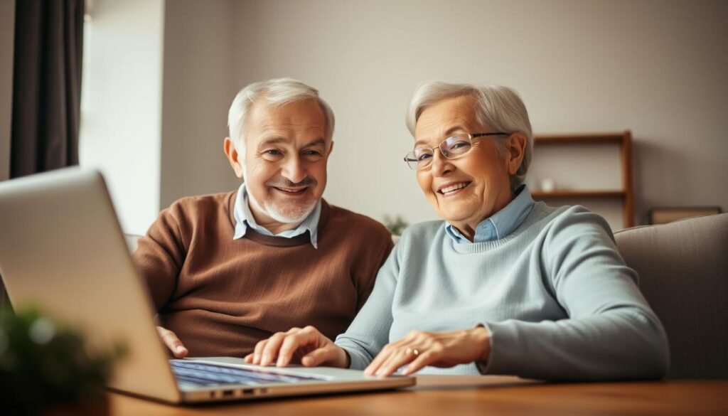 An elderly couple video chatting on a laptop, their faces lit by the screen's soft glow. The man and woman, in their 60s, smile warmly as they converse, their body language relaxed and engaged. The background is blurred, with muted colors suggesting a cozy, domestic setting. Natural light filters in, casting a gentle, ambient illumination. The scene conveys a sense of genuine connection and companionship, reflecting the opportunities and challenges of online relationships in the senior years.