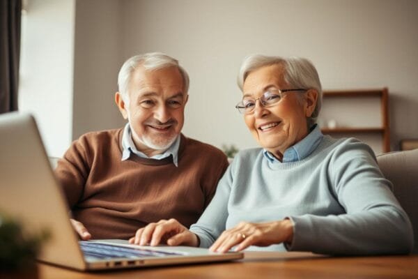 An elderly couple video chatting on a laptop, their faces lit by the screen's soft glow. The man and woman, in their 60s, smile warmly as they converse, their body language relaxed and engaged. The background is blurred, with muted colors suggesting a cozy, domestic setting. Natural light filters in, casting a gentle, ambient illumination. The scene conveys a sense of genuine connection and companionship, reflecting the opportunities and challenges of online relationships in the senior years.