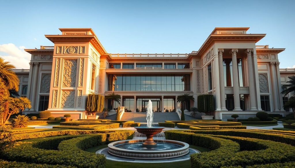 A grand and sophisticated architectural masterpiece, bathed in warm, golden light. The facade features intricate geometric patterns, sleek lines, and towering columns that create a sense of grandeur and elegance. In the foreground, a meticulously landscaped garden with manicured hedges and a central fountain gently bubbling. The middle ground showcases a sprawling, multi-level structure with large windows that reflect the surrounding natural beauty. The background is framed by a cloudless, azure sky, creating a harmonious and serene atmosphere. This captivating image captures the essence of refined and sophisticated architecture, perfectly embodying the "Componentes da Arquitetura Sofisticada" section of the article.