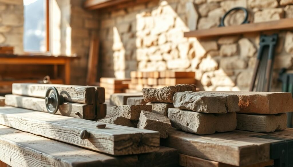 A rustic construction materials scene, bathed in warm, natural lighting. In the foreground, weathered wooden beams, rough-hewn stones, and aged iron hardware sit atop a well-worn workbench. The middle ground showcases a mix of earthy textures - coarse-grained timber, weathered bricks, and a hint of crumbling plaster. In the background, a sun-dappled stone wall frames the composition, casting gentle shadows that add depth and dimension. The overall atmosphere evokes a sense of timeless craftsmanship, where traditional building techniques and materials come together in a harmonious, sophisticated display.