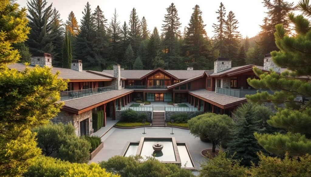 A sprawling, rustic compound nestled amidst lush, verdant foliage, with striking modern architecture seamlessly integrated. In the foreground, a weathered stone facade contrasts with sleek, angular glass panels that reflect the surrounding natural beauty. The middle ground features a tranquil courtyard, where a serene water feature glistens in the warm, golden light. Beyond, towering evergreen trees frame the scene, creating a sense of seclusion and privacy. This harmonious blend of organic and inorganic elements exudes an air of sophisticated elegance, inviting the viewer to experience the perfect balance of rustic charm and modern sophistication.